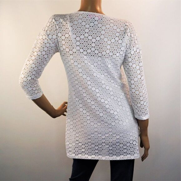 Peck And Peck White Tunic Top Cutout Pattern Stretch 3/4 Sleeve Lined Sz Small - Picture 6 of 9